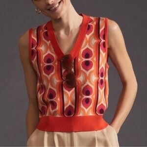 Anthropologie Maeve Vera Jacquard Sweater Vest Size S Retro Geometric V-Neck